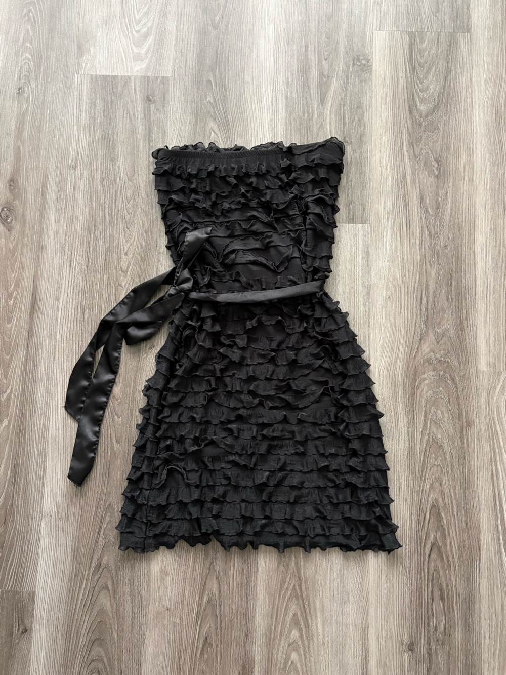 Vintage Made in Canada Kismet Black Strapless Ruffled Mini Dress with Satin Sash